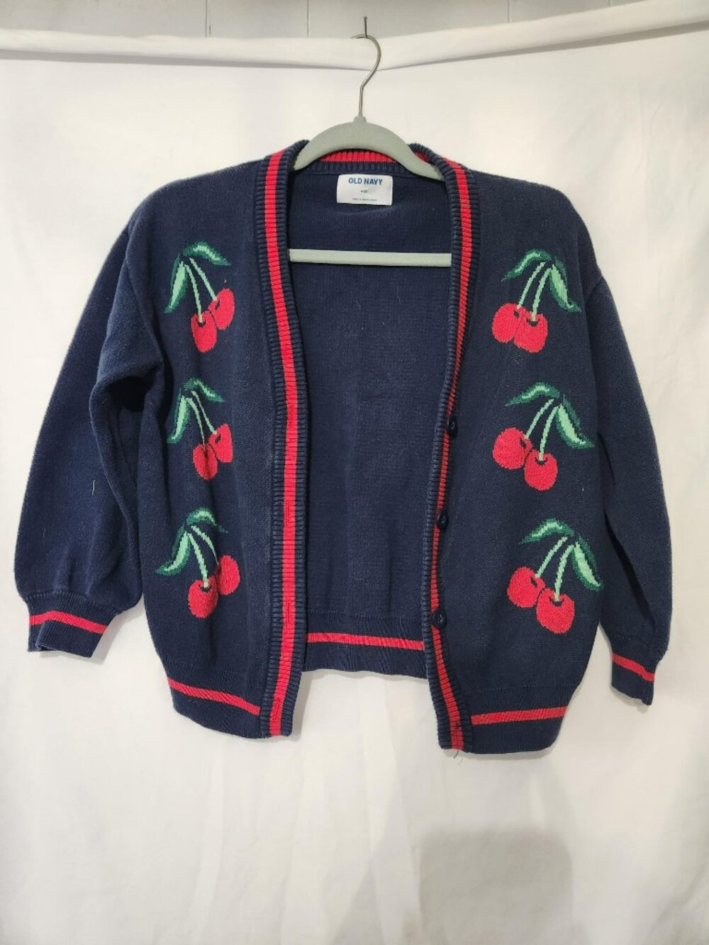 Old Navy Cherry Cardigan Sweater Navy Blue Button Front Size M